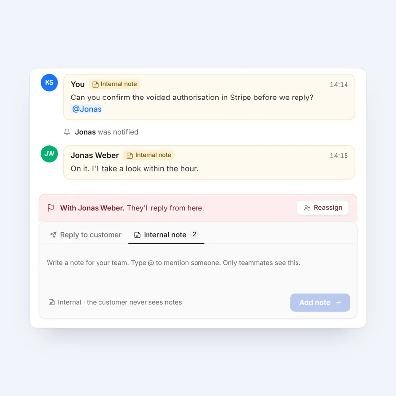 An internal note mentions a teammate, who replies
