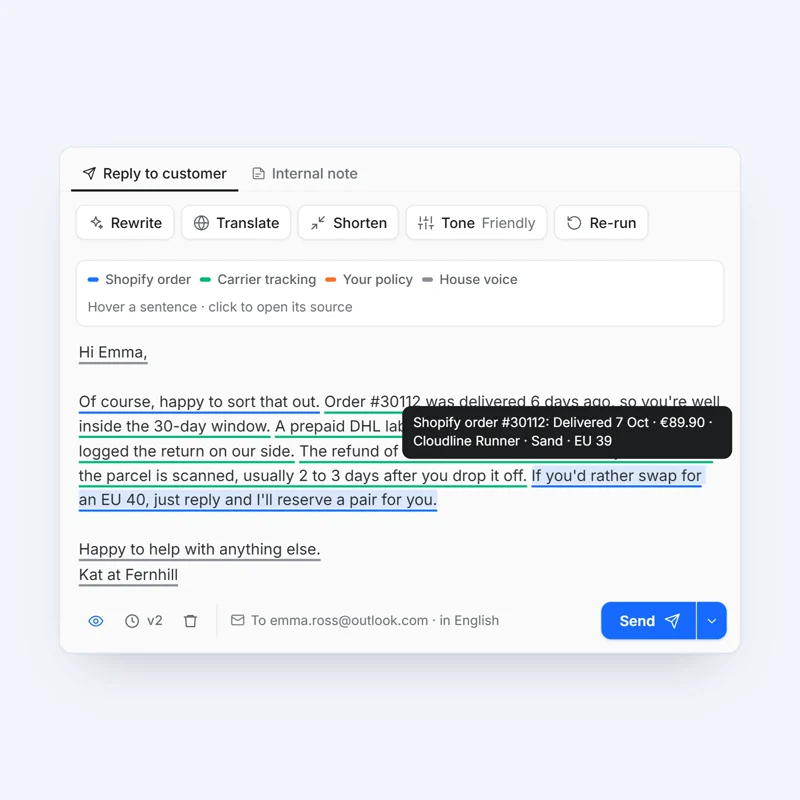 Rewrite, then Why this reply underlines each sentence's source